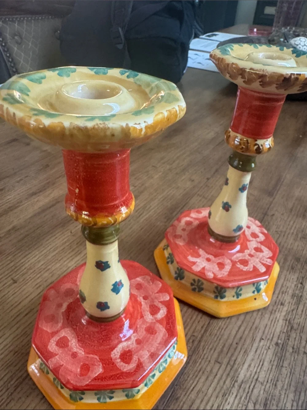 Hand-Painted Ceramic Red & Yellow Candlestick Pair Made in Italy | Southwestern